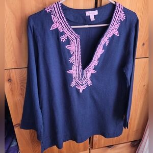 Lily Pulitzer Navy Blue Linen Tunic With Pink Embroidery Size Medium